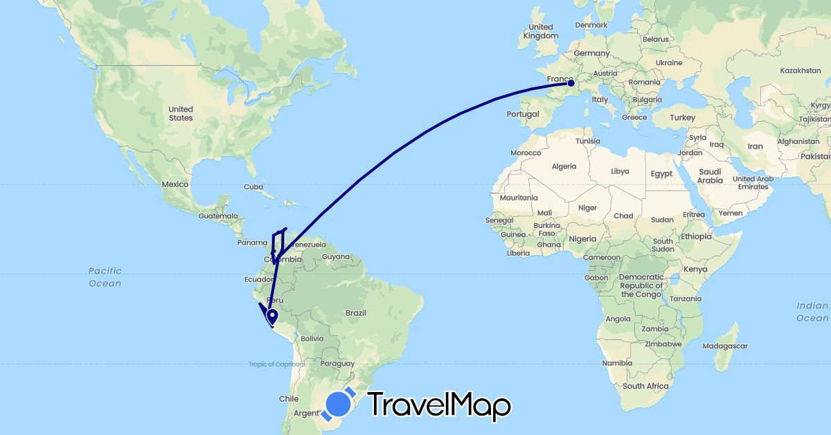 TravelMap itinerary: driving in Colombia, France, Peru (Europe, South America)